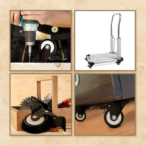 Set Of 4 Heavy Duty Swivel Caster Wheels With Rubber Base Top Plate And Bearing Total Lock Brake, ideal for carts