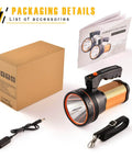 Ultra Bright 9000LM Spotlight Flashlight With USB Power Bank Output, IPX5 Waterproof Rechargeable packaging contents