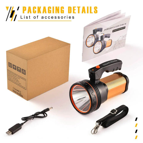 Ultra Bright 9000LM Spotlight Flashlight With USB Power Bank Output, IPX5 Waterproof Rechargeable packaging contents