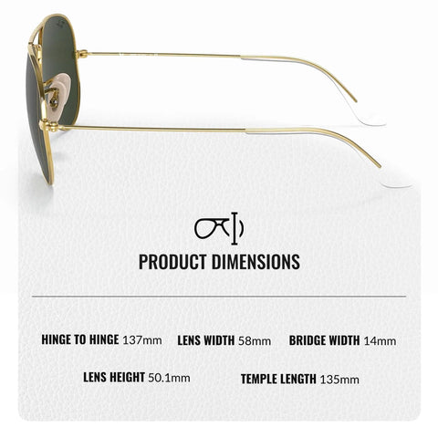 Side view of RB3025 Pilot Shape Non Polarized Sunglasses For Men And Women With G15 Green Lens, showing dimensions and specs.