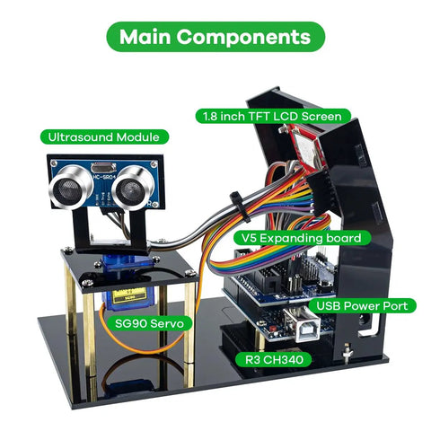 Simulation Ultrasonic Radar Sensor Module DIY Kit With 180 Degree Scanning Arduino IDE Compatible showing components like TFT display.