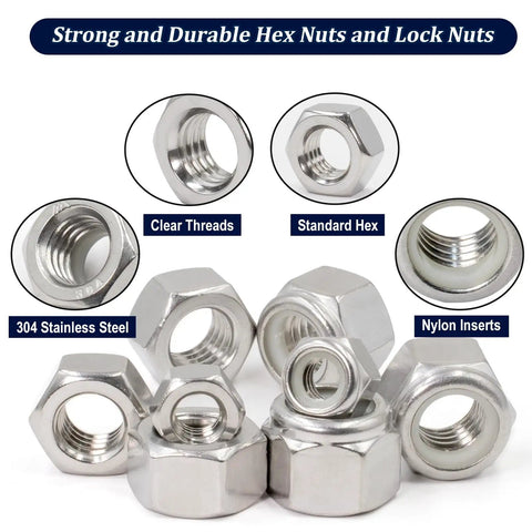 345 Piece SAE Hex Nut and Lock Nut Kit in 304 Stainless Steel with 136 Lock Nuts and 209 Hex Nuts, close-up view