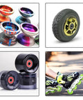 Assorted colorful yoyo designs, a single wheel, roller skate wheels, and inline skates with neon wheels.