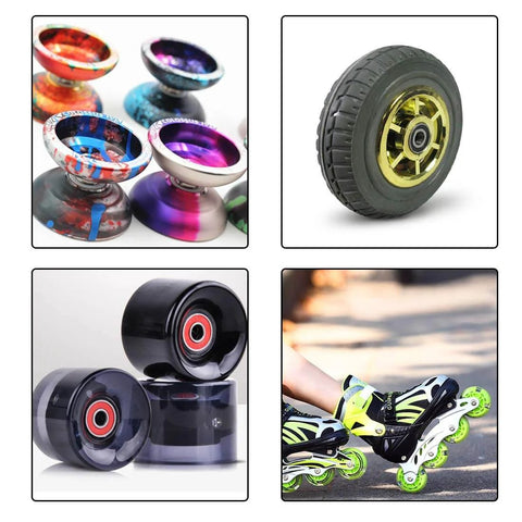 Assorted colorful yoyo designs, a single wheel, roller skate wheels, and inline skates with neon wheels.