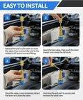 Steps for using R134A Valve Core Removal And Installation Tool Kit With Quick Connectors for AC service ports in four images.