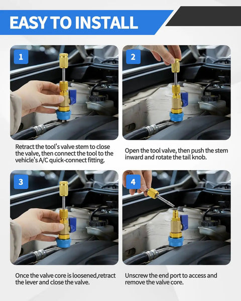 Steps for using R134A Valve Core Removal And Installation Tool Kit With Quick Connectors for AC service ports in four images.