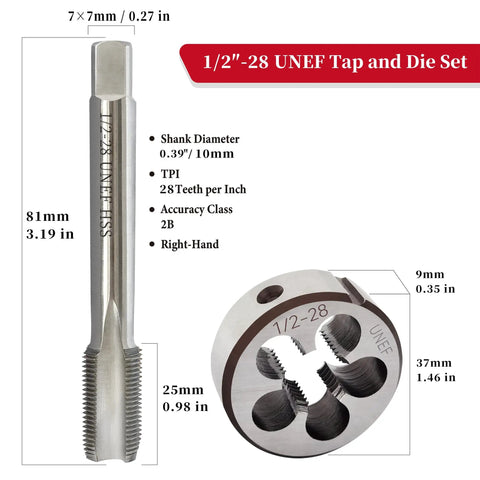 One Half Inch Twenty Eight UNEF Tap And Die Set HSS Right Hand For Precision Machining Includes Round Die And Tapping Tool Pro Grade