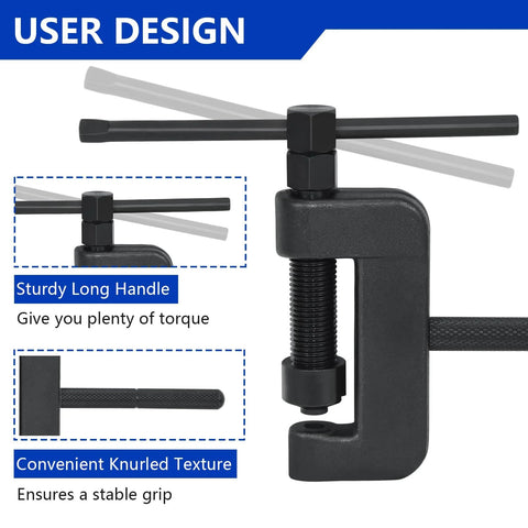 Motorcycle chain breaker tool, front view, with long knurled handle and screw clamp, black metal kit