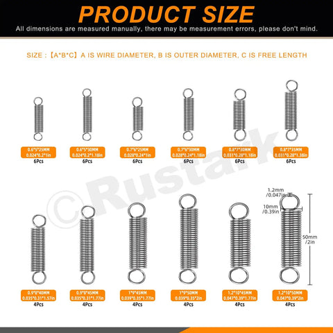 Diagram of 60 Piece Stainless Steel Extension Spring Set In 12 Sizes With Hook End, Tension and Compression Springs for DIY Projects