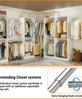Heavy Duty White Closet System With Twelve Hanging Rods And Shelves Eight Foot Modular Walk In Organizer Custom Adjustable Wooden Storage Rack Haul Ready in a bright room featuring organized clothing.