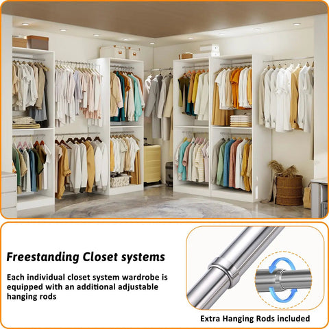 Heavy Duty White Closet System With Twelve Hanging Rods And Shelves Eight Foot Modular Walk In Organizer Custom Adjustable Wooden Storage Rack Haul Ready in a bright room featuring organized clothing.