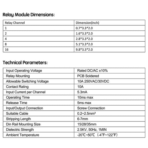 Technical specifications of 8 Channel SPDT DIN Rail Mount Relay Module 24V DC and AC, detailing dimensions and operating parameters.