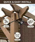 Mocha Shade Cloth With Ninety Percent UV Block Mesh Tarp attached to pergola with grommets and zip tie, easy installation steps shown.