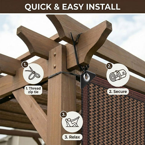 Mocha Shade Cloth With Ninety Percent UV Block Mesh Tarp attached to pergola with grommets and zip tie, easy installation steps shown.