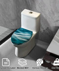Elongated Quiet Close Toilet Seat for Bathroom with blue wave design on molded MDF, fitting standard toilet size.