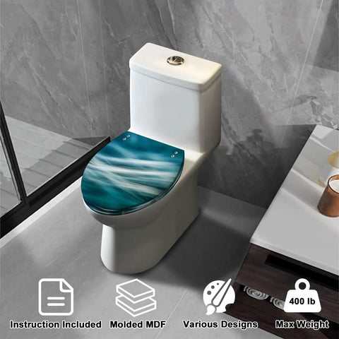 Elongated Quiet Close Toilet Seat for Bathroom with blue wave design on molded MDF, fitting standard toilet size.