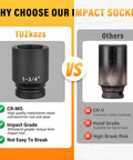 Comparison of TUZkoz impact socket and other socket highlighting CR-MO material on 1 Inch Drive Jumbo Impact Socket Set 9 Piece SAE Deep Socket Kit For Trucks Trailers And Heavy Equipment With Beefy Universal Hex Deep Sockets CR MO Alloy Steel And Heavy Duty Storage Case