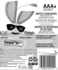 Back packaging of Max AAA Batteries 4 Pack Alkaline Powerhouse, showing product details and bunny mascot with sunglasses.