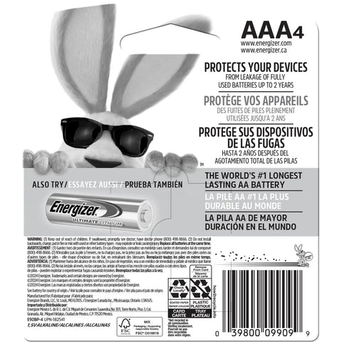 Back packaging of Max AAA Batteries 4 Pack Alkaline Powerhouse, showing product details and bunny mascot with sunglasses.