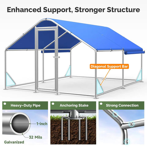 Top Notch Heavy Duty Chicken Coop Run With Thick Hardware Cloth For 20 Chickens, showing blue waterproof cover and strong structure.