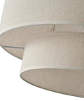 Close-up of the off white linen shade of the Two Tier Drum Pendant Light With Adjustable Hanging Wire Hassle Free Install.