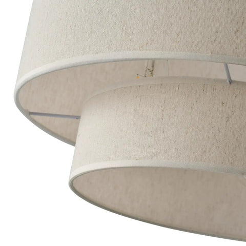 Close-up of the off white linen shade of the Two Tier Drum Pendant Light With Adjustable Hanging Wire Hassle Free Install.