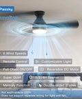 Modern 42 Inch Low Profile Ceiling Fan In Sleek Black With Whisper Quiet Motor Providing Super Smooth Cooling Airflow And Bright Led Lighting With Remote And Pull Chain Options features light, remote, and pull chains.