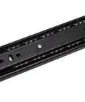Close-up of black steel Beefy Pair Of 14 Inch Drawer Slides Side Mount Full Extension Heavy Duty Steel Rails with screw holes visible.
