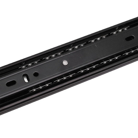 Close-up of black steel Beefy Pair Of 14 Inch Drawer Slides Side Mount Full Extension Heavy Duty Steel Rails with screw holes visible.