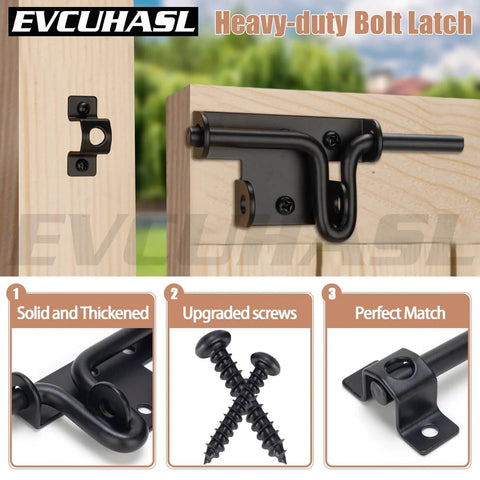 Bi Directional Slide Bolt Gate Latch With Padlock Hole Heavy Duty Sliding Door Lock Hardware for Wooden Fence Shed Gates Barn Doors Backyard Gate Black Finish 3 Pack displayed on wooden fence