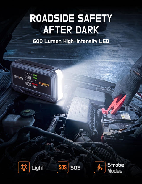 Roadside Lifesaver All In One Jump Starter With Air Compressor And USB C Fast Charge 8000A Peak LED light under hood