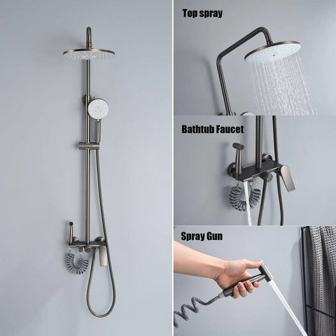 UBNMIUBV Shower System, 4 Functions Classic Shower Mixer Set with 9In Round Shower Head and Bathtub Faucet in Gun Gray.