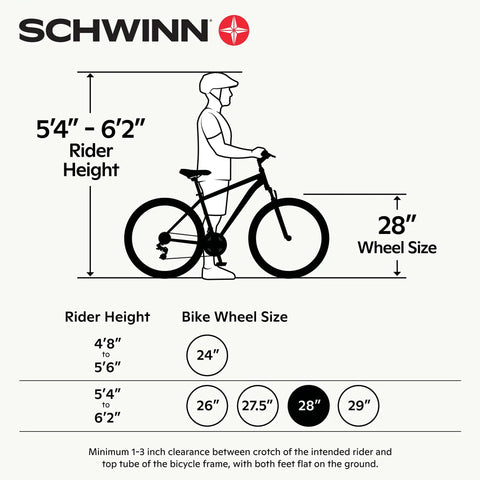 Diagram of Discover 2 Hybrid Bike With 700c Wheels And 21 Speed EZ Fire Shifters size guide for rider height and wheel size options.