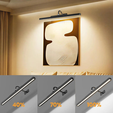Wireless Rechargeable Picture Light Black 24 Inch Wall Sconce With Remote And Timer at different brightness levels above art.