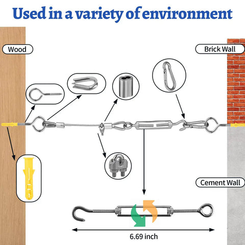 Illustration showing Heavy Duty One Eighth Inch Vinyl Coated Stainless Steel Wire Rope Kit 100 Feet with various attachments