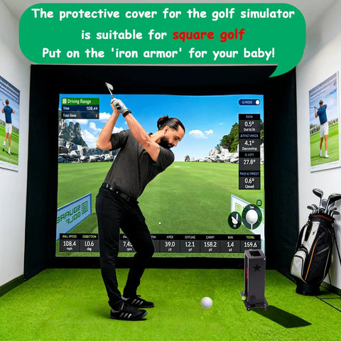Golfer using Heavy Duty Metal Protective Case For Square Golf Launch Monitor With Leveling Stand And Clear Acrylic Screen in simulator