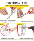 Solid Adjustable Hole Saw Kit With Steel Cutter Fits 40 To 200mm Range, Includes Dust Shield HSS Pilot Bits Plus Carbide And Wood Blades For DIY Sheetrock Slate And Veneer Projects Without Breakin Bones. 4-step drill setup with dust shield