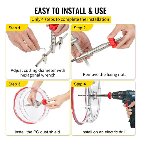Solid Adjustable Hole Saw Kit With Steel Cutter Fits 40 To 200mm Range, Includes Dust Shield HSS Pilot Bits Plus Carbide And Wood Blades For DIY Sheetrock Slate And Veneer Projects Without Breakin Bones. 4-step drill setup with dust shield