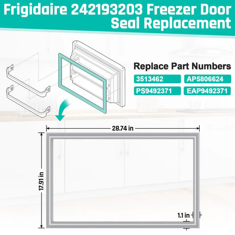 Premium Top Freezer Door Gasket Seal 17.91 X 28.74 Inches For Refrigerator Replacement, shown with dimensions and part numbers.