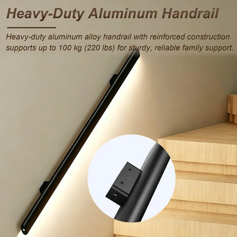 Ultra Smooth Body Sensing Lighted Stair Handrail For Indoor Steps Wall Mounted Safety Rail With Sleek Black Powder Coat and Auto Wake