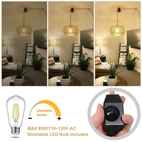 Boho Pendant Light With Plug In Cord And LED Bulb Dimmer Switch 15 Foot Hanging Wicker Rattan Chandelier in living room scene.