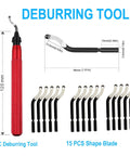 Front view of red handheld deburring tool with 15 curved blades for burr removal on metal, plastic, PVC