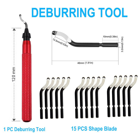 Front view of red handheld deburring tool with 15 curved blades for burr removal on metal, plastic, PVC