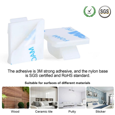 5/8 Inch Adhesive Cable Clips White Pack Of 60 Heavy Duty Nylon Cable Management Clips adhesive and base details