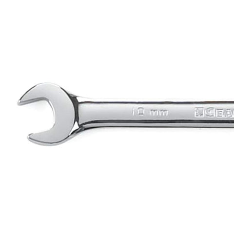 10mm 12 Point Ratcheting Wrench Workhorse With 72 Tooth Box End, chrome finish, close-up of open end and head markings
