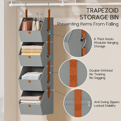 Hanging Closet Organizer 4 Tier With Detachable Fabric Bins And Collapsible Baskets, Easy Access Open Shelf Design, Gray