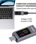 USB C Power Meter Tester 4-30V 0-12A Type-C PD Digital Multimeter Voltage And Current Meter connected to laptop
