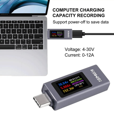 USB C Power Meter Tester 4-30V 0-12A Type-C PD Digital Multimeter Voltage And Current Meter connected to laptop