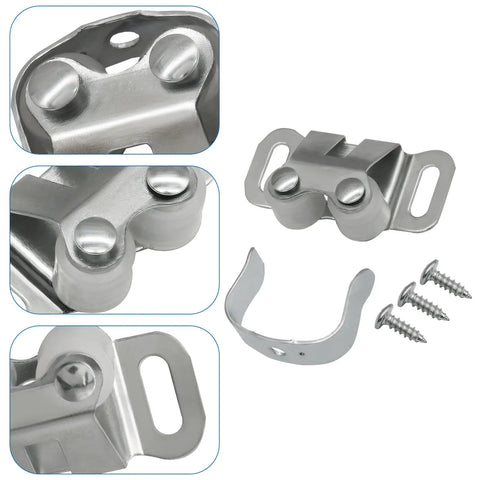 Close-up of Heavy Duty Cabinet Catch Latch Set Iron Steel Double Post Hardware With Silver Finish for Cabinets RVs and Mobile Homes