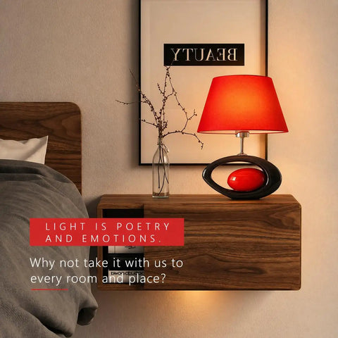 Red Modern Table Lamp With Ceramic Body And Linen Shade on a wooden nightstand, 14.8 inch tall, E26 base, bedroom setting